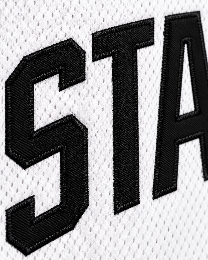 Embroidery detail product mockup of United States USA White Basketball Jersey.
