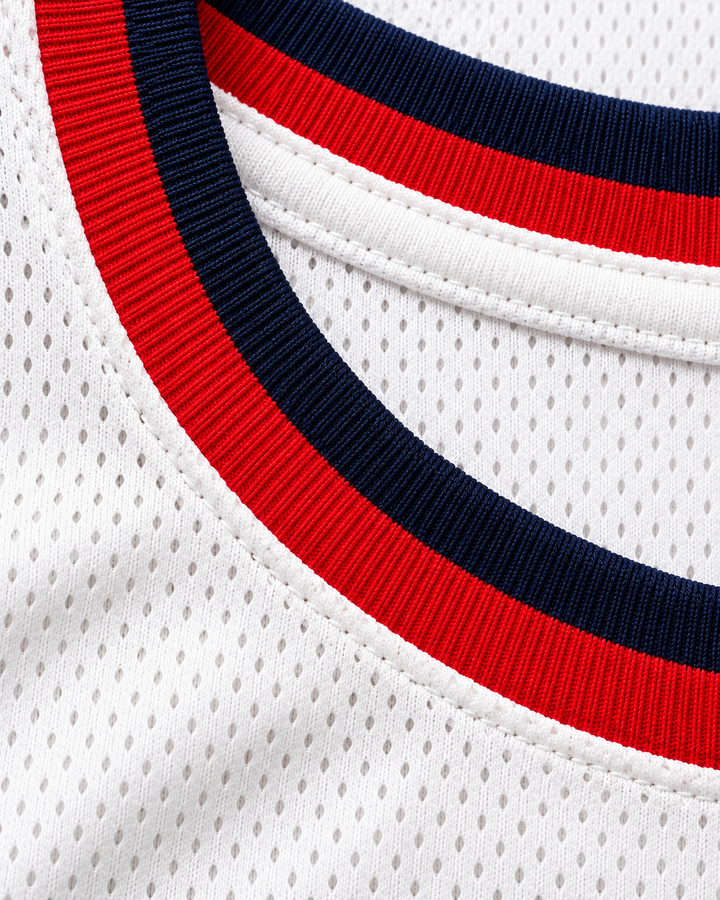 Neckline and fabric detail product mockup of United States USA White Basketball Jersey.
