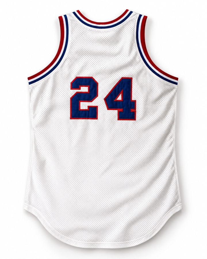 Back product mockup of University of Hawaii At Hilo 24 Vulcans White Basketball Jersey.