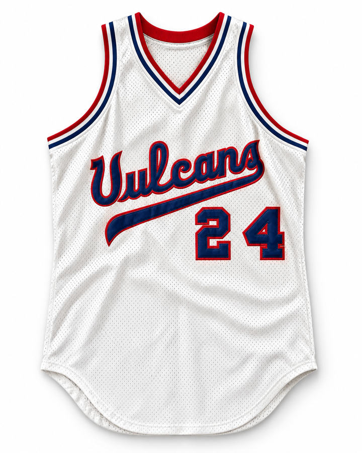 Front product mockup of University of Hawaii At Hilo 24 Vulcans White Basketball Jersey.