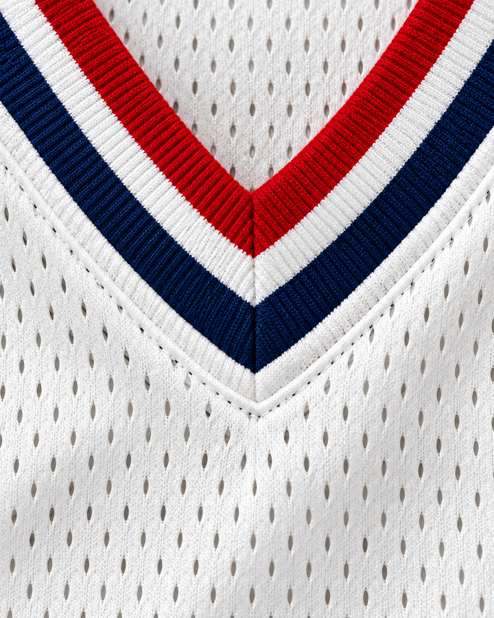 Neckline and fabric detail product mockup of University of Hawaii At Hilo 24 Vulcans White Basketball Jersey.