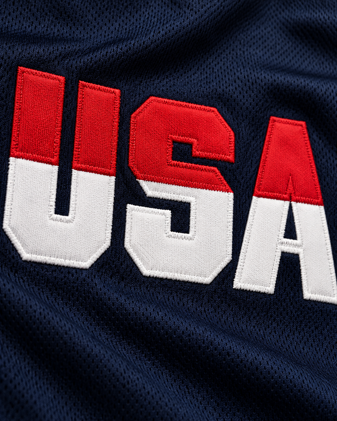 Embroidery detail product mockup of USA Away Basketball Jersey.