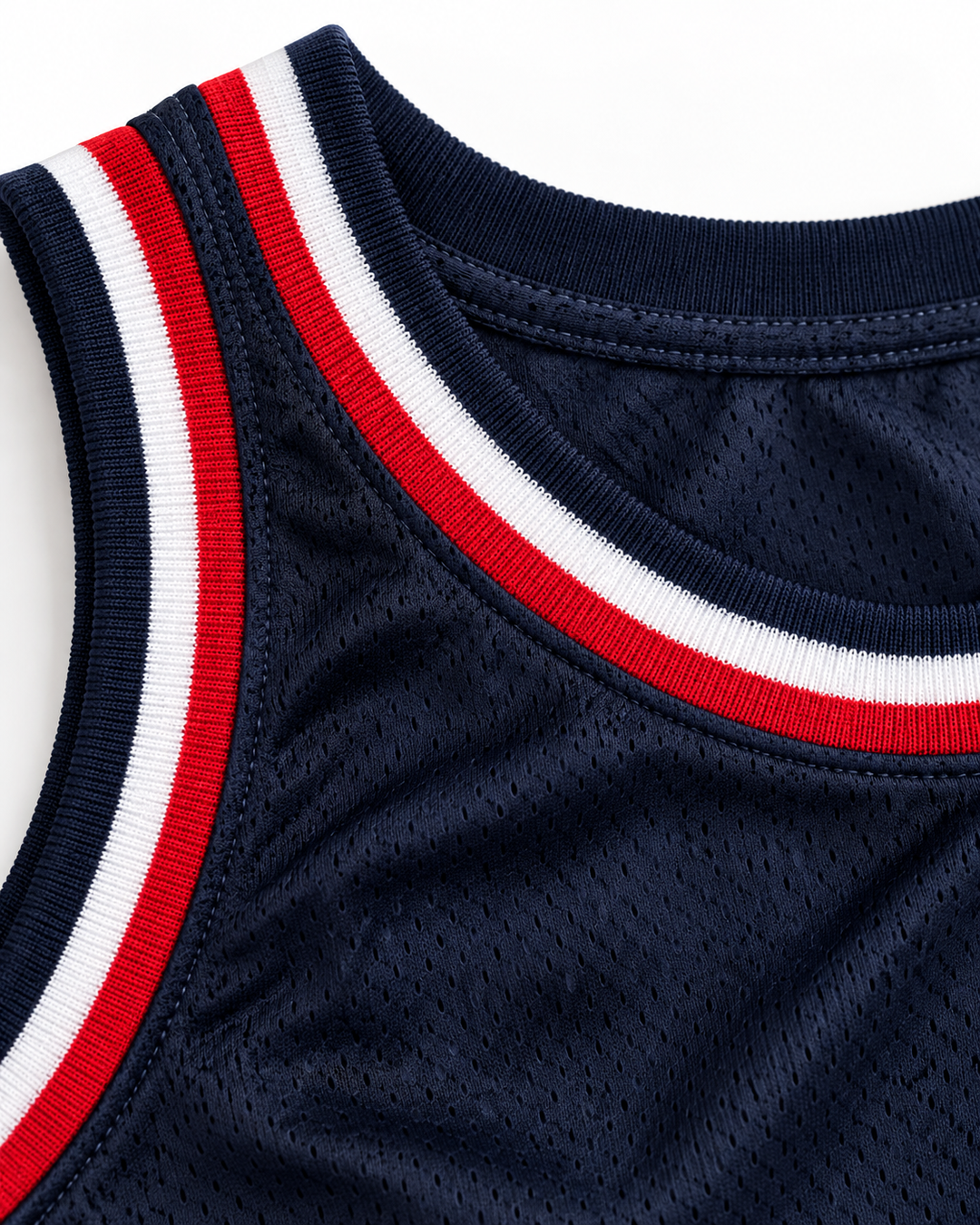 Neckline and fabric detail product mockup of USA Away Basketball Jersey.