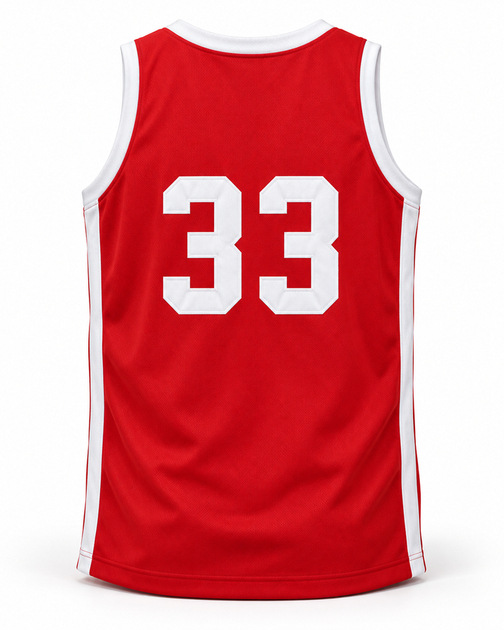 Back product mockup of Uwe Blab 33 Push Excel 1985 Red Basketball Jersey.