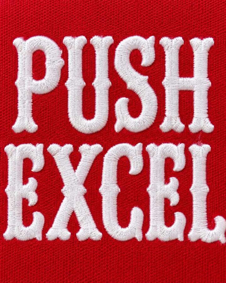 Embroidery detail product mockup of Uwe Blab 33 Push Excel 1985 Red Basketball Jersey.