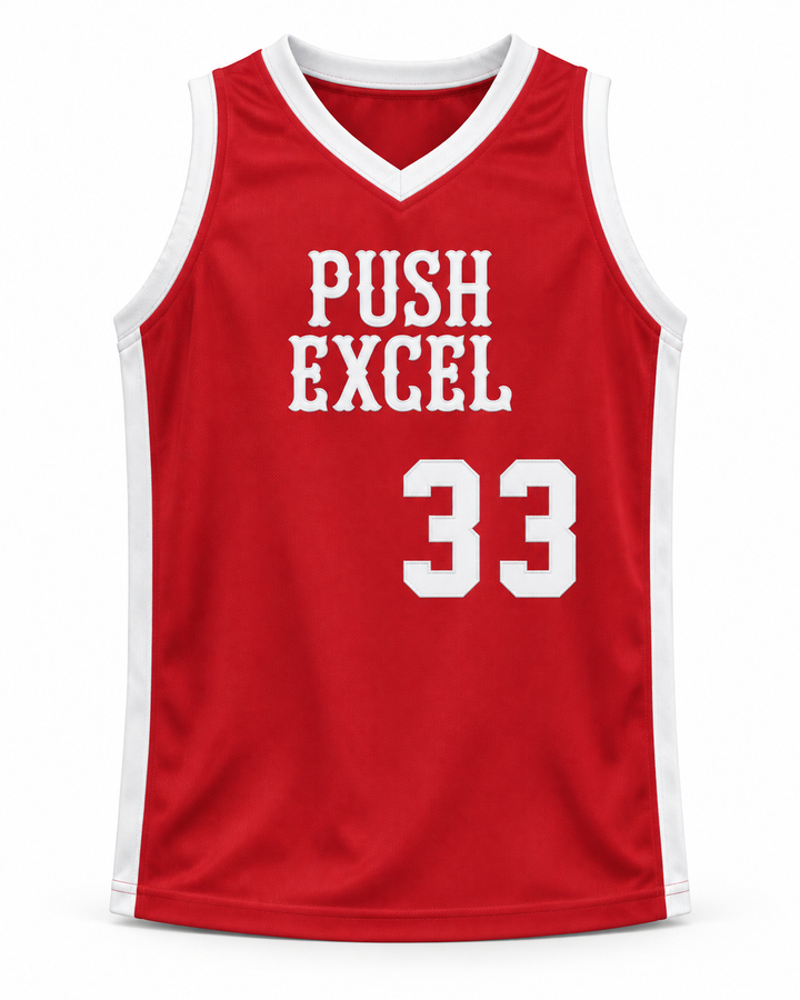Front product mockup of Uwe Blab 33 Push Excel 1985 Red Basketball Jersey.