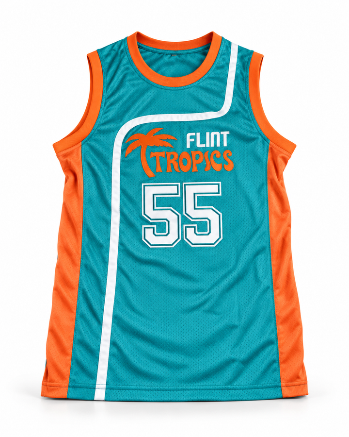 Front product mockup of Vakidis 55 Flint Tropics Teal Semi Pro Basketball Jersey.