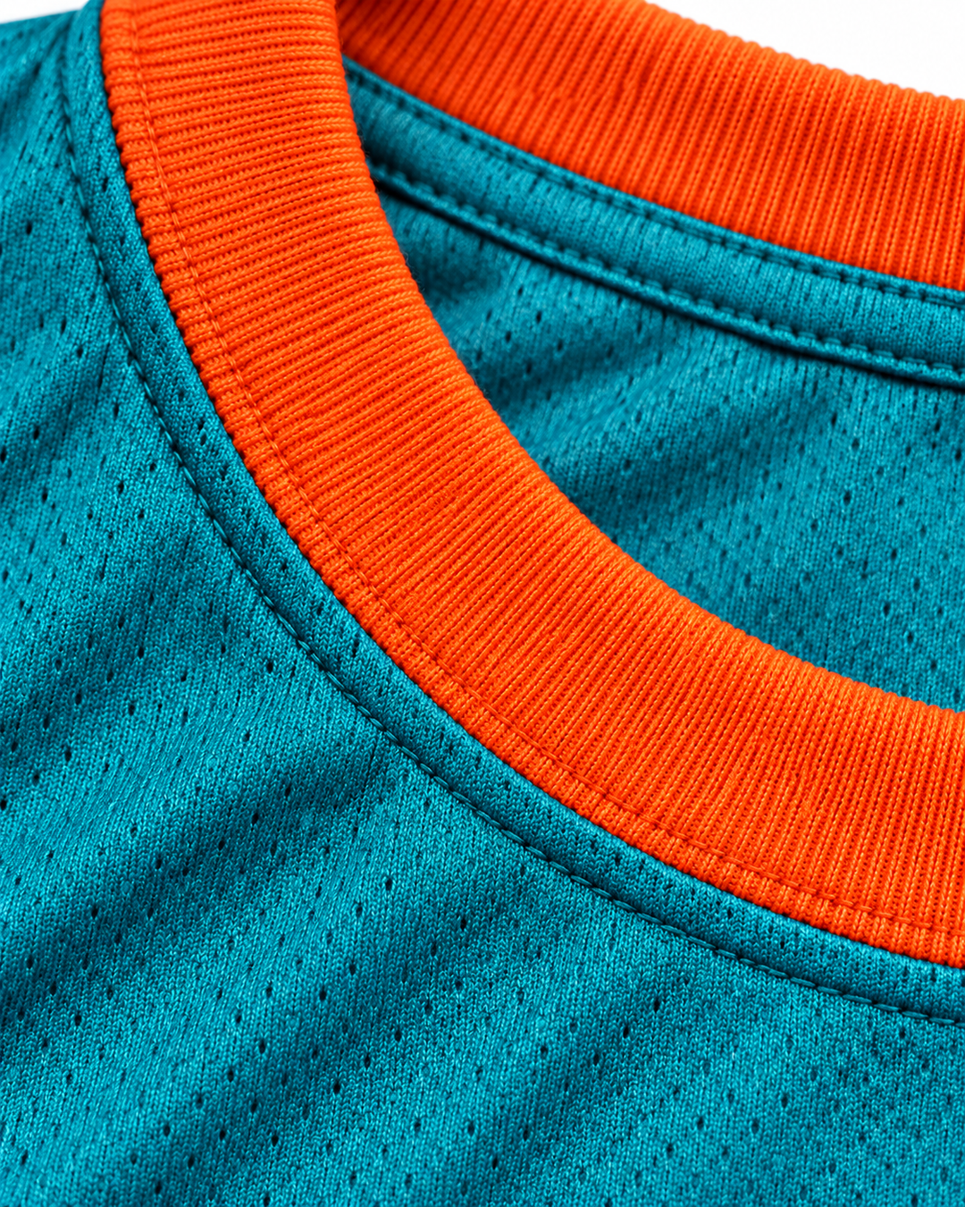 Neckline and fabric detail product mockup of Vakidis 55 Flint Tropics Teal Semi Pro Basketball Jersey.