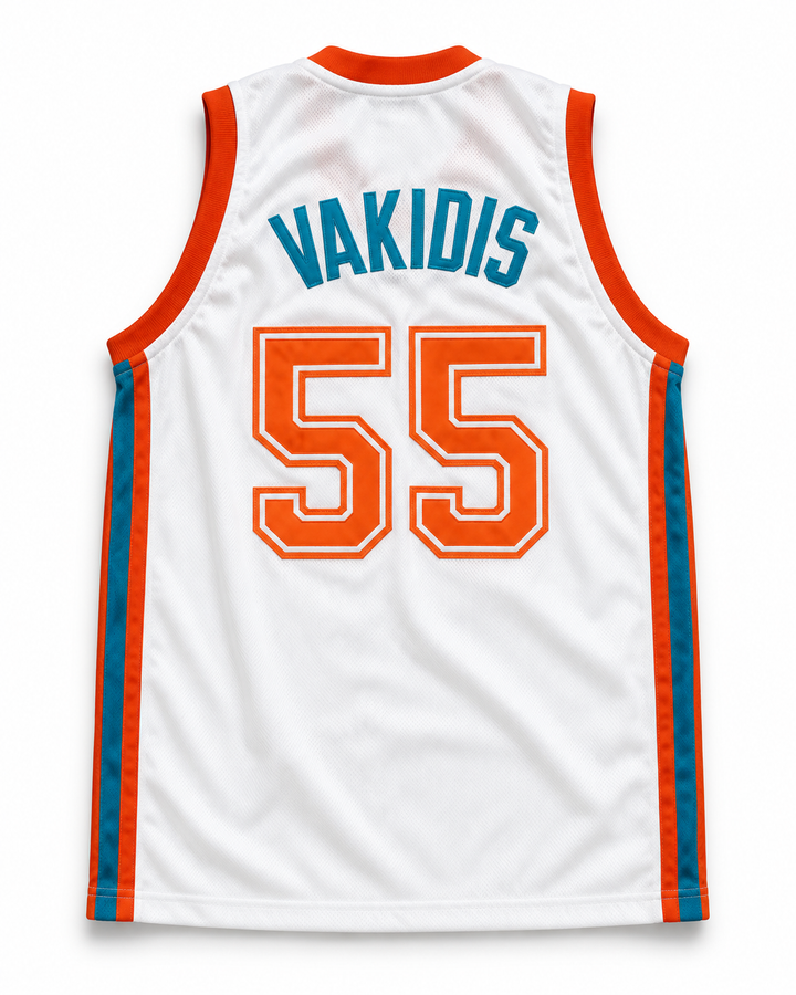 Back product mockup of Vakidis 55 Flint Tropics White Semi Pro Basketball Jersey.