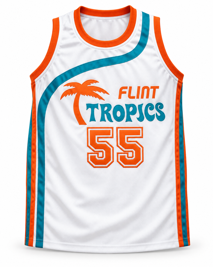 Front product mockup of Vakidis 55 Flint Tropics White Semi Pro Basketball Jersey.