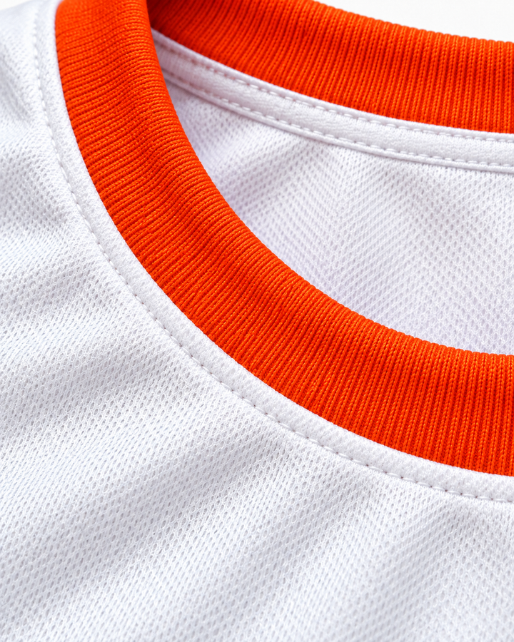 Neckline and fabric detail product mockup of Vakidis 55 Flint Tropics White Semi Pro Basketball Jersey.