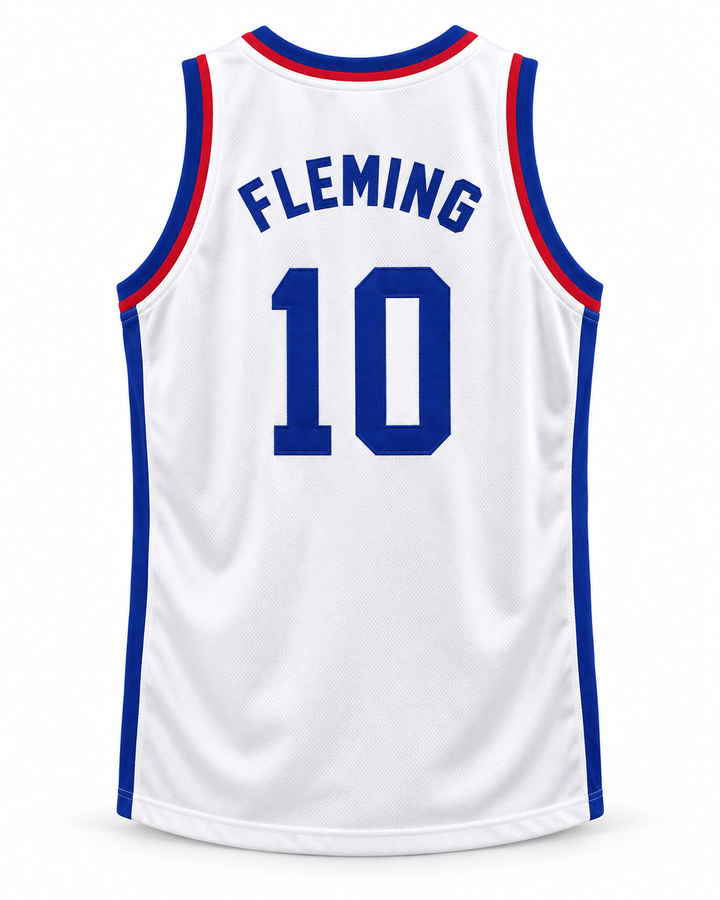 Back product mockup of Vern Fleming 10 Larry's Game 1988 White Basketball Jersey.