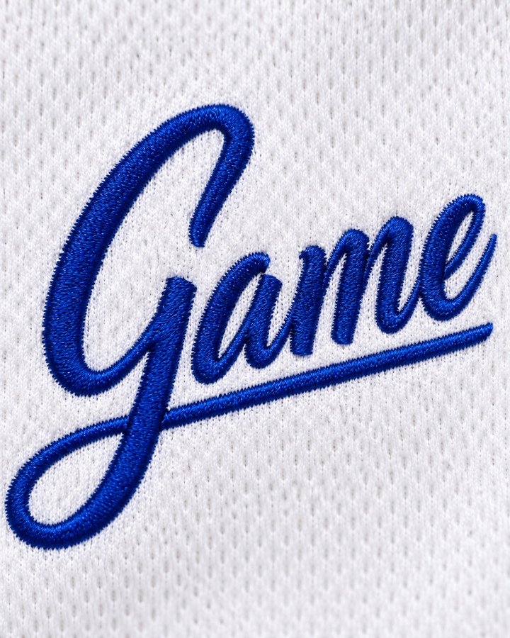 Embroidery detail product mockup of Vern Fleming 10 Larry's Game 1988 White Basketball Jersey.