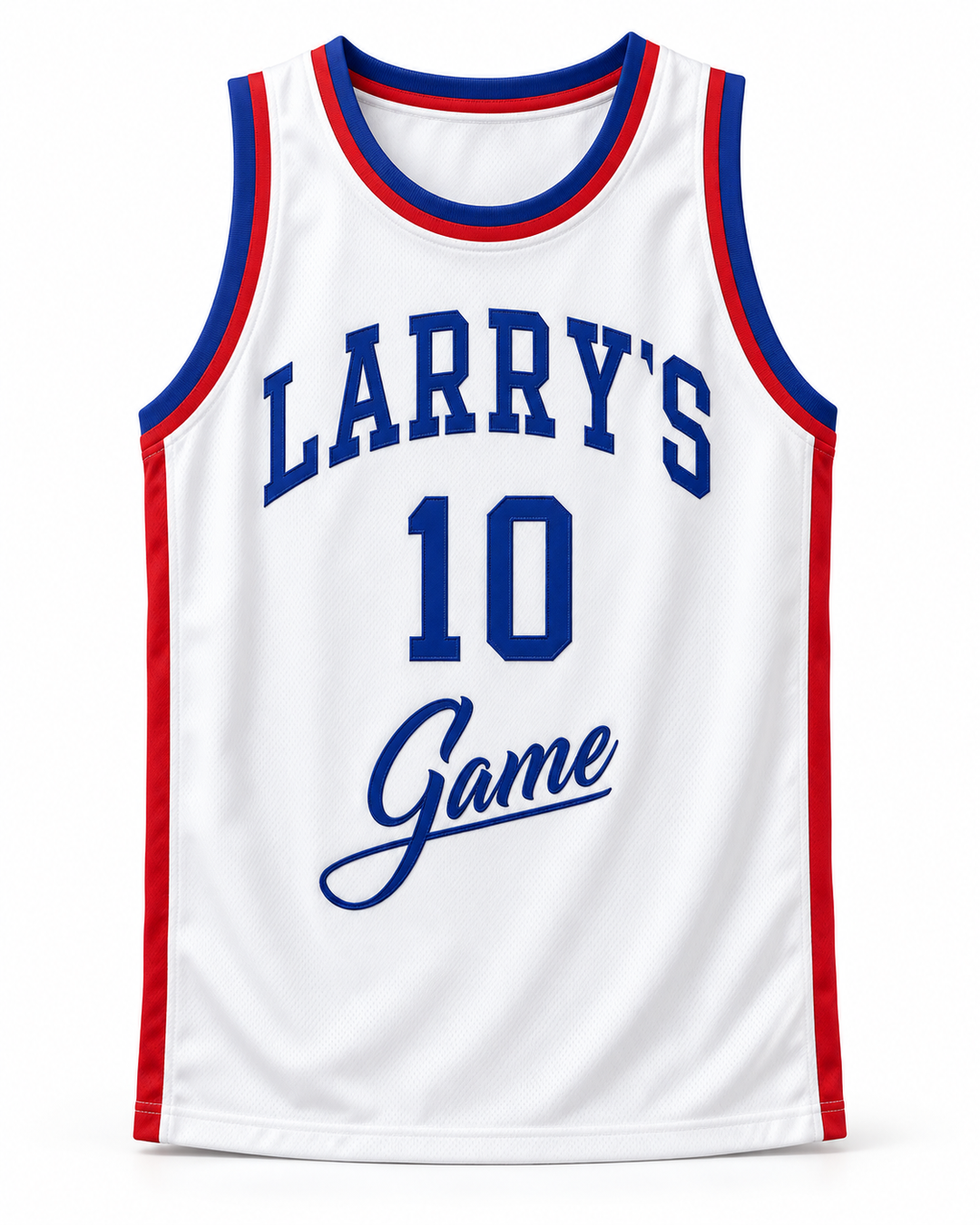 Front product mockup of Vern Fleming 10 Larry's Game 1988 White Basketball Jersey.