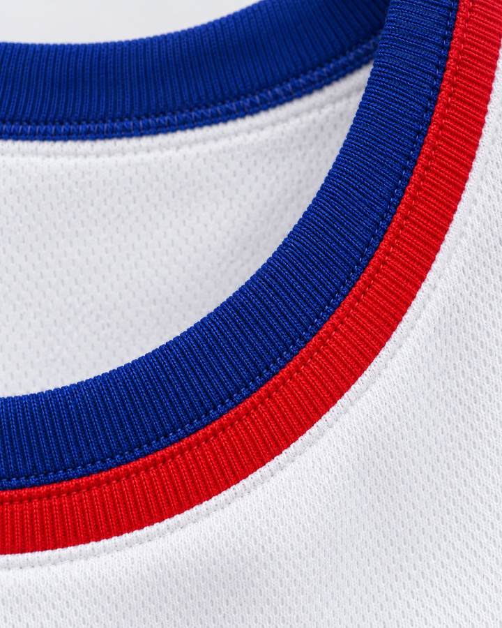 Neckline and fabric detail product mockup of Vern Fleming 10 Larry's Game 1988 White Basketball Jersey.