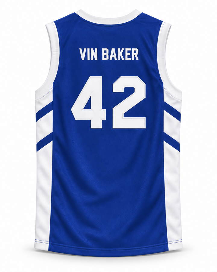 Back product mockup of Vin Baker 42 Pyongyang Blue Basketball Jersey.