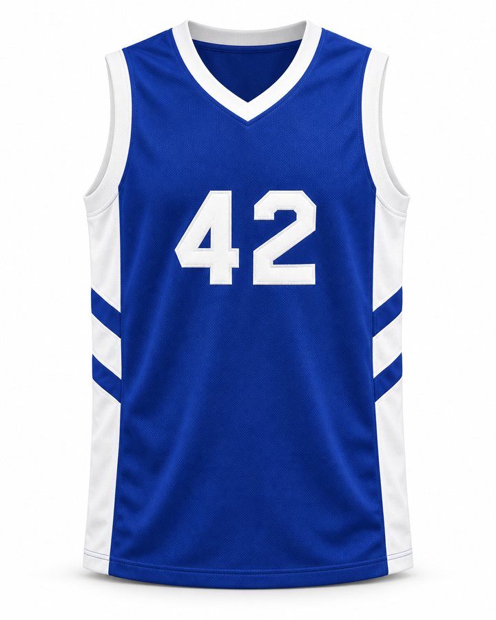 Front product mockup of Vin Baker 42 Pyongyang Blue Basketball Jersey.