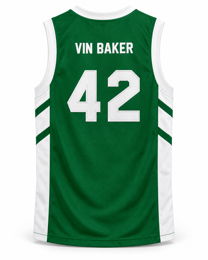 Back product mockup of Vin Baker 42 Pyongyang Green Basketball Jersey.