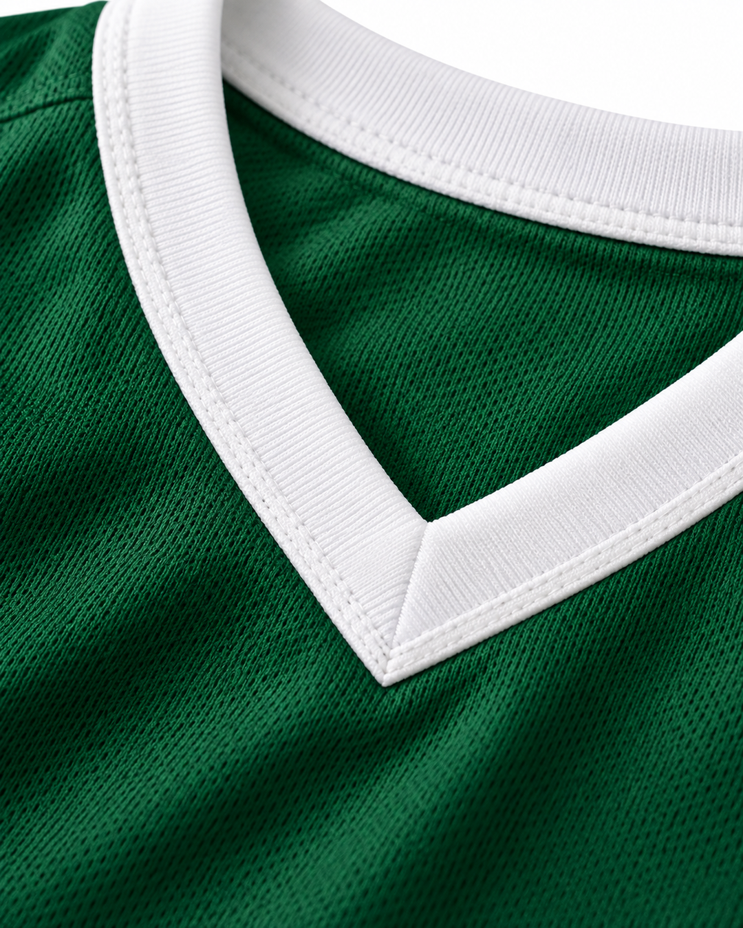 Neckline and fabric detail product mockup of Vin Baker 42 Pyongyang Green Basketball Jersey.