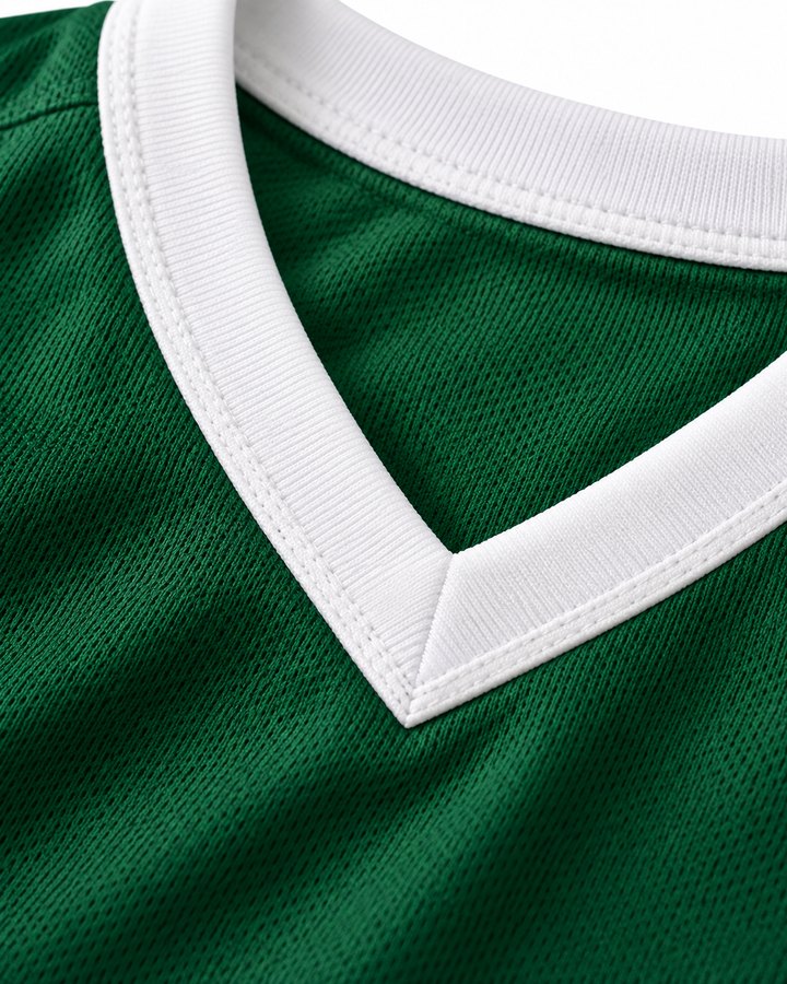 Neckline and fabric detail product mockup of Vin Baker 42 Pyongyang Green Basketball Jersey.