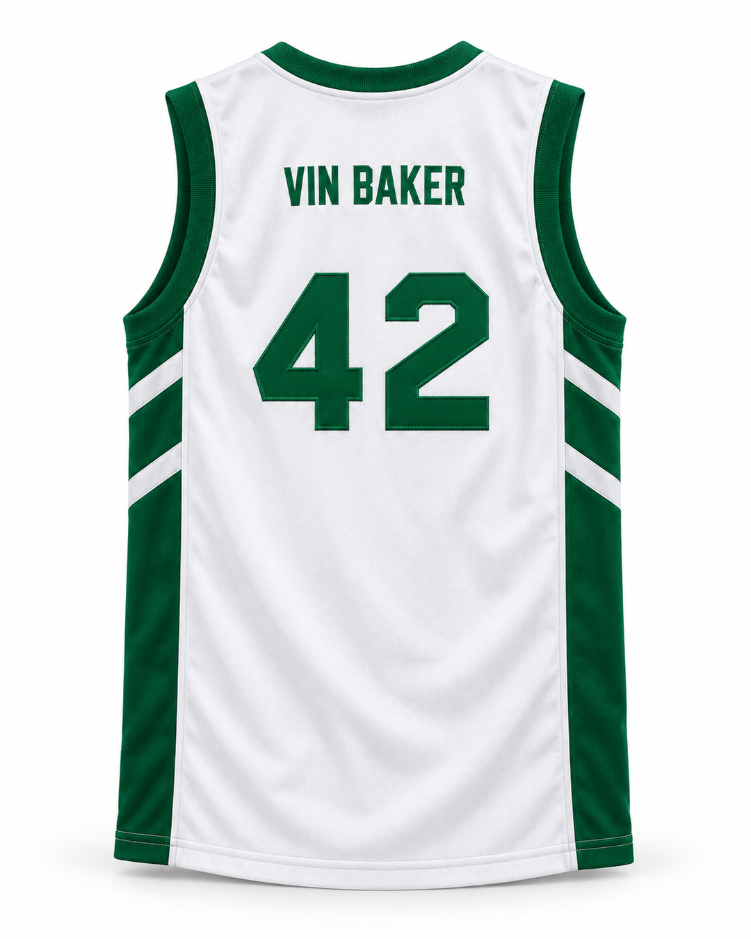Back product mockup of Vin Baker 42 Pyongyang White Basketball Jersey.