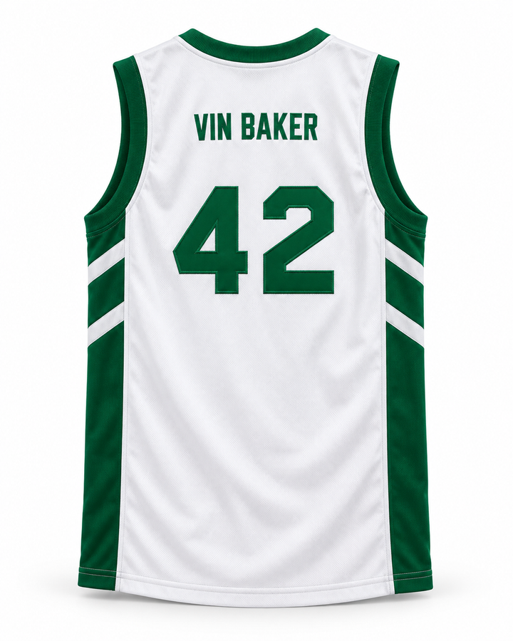 Back product mockup of Vin Baker 42 Pyongyang White Basketball Jersey.