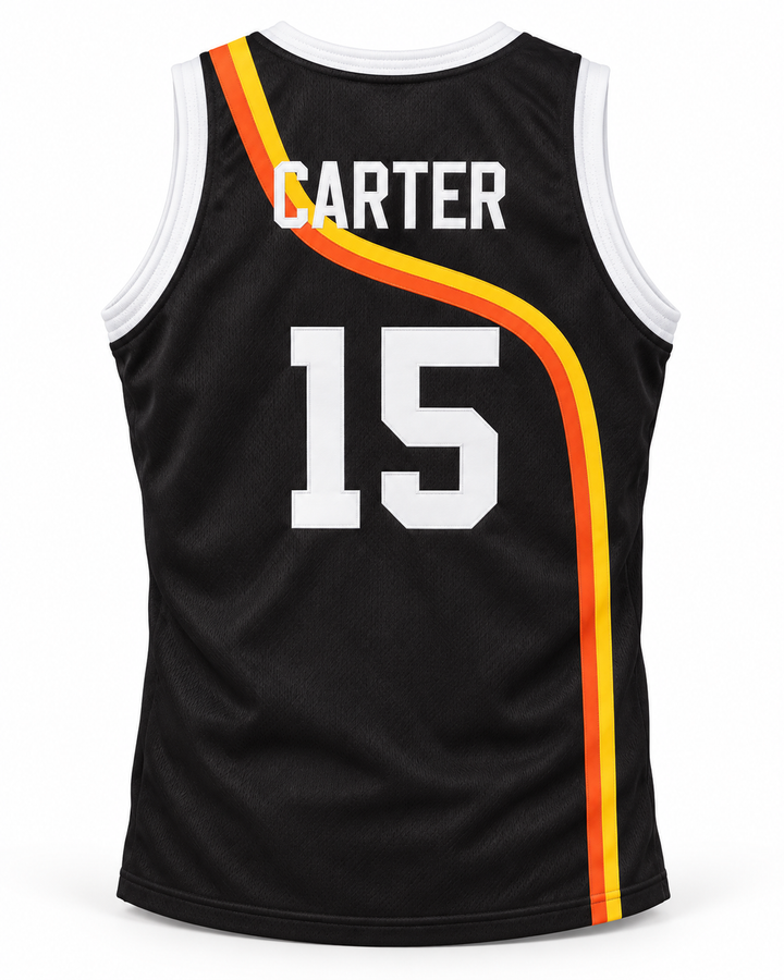 Back product mockup of Vince Carter 15 Roswell Rayguns Black Basketball Jersey.