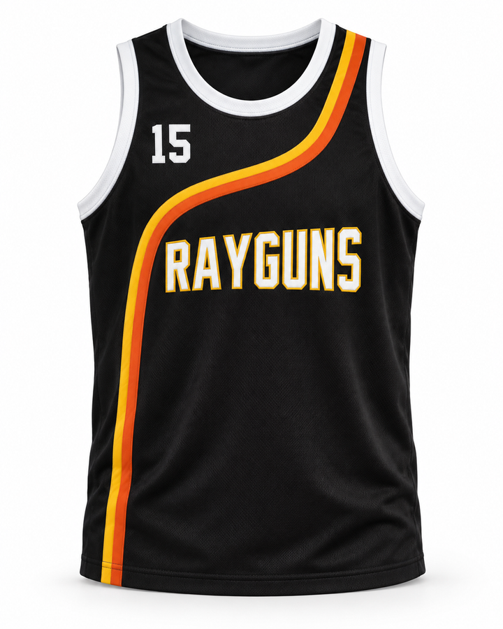 Front product mockup of Vince Carter 15 Roswell Rayguns Black Basketball Jersey.