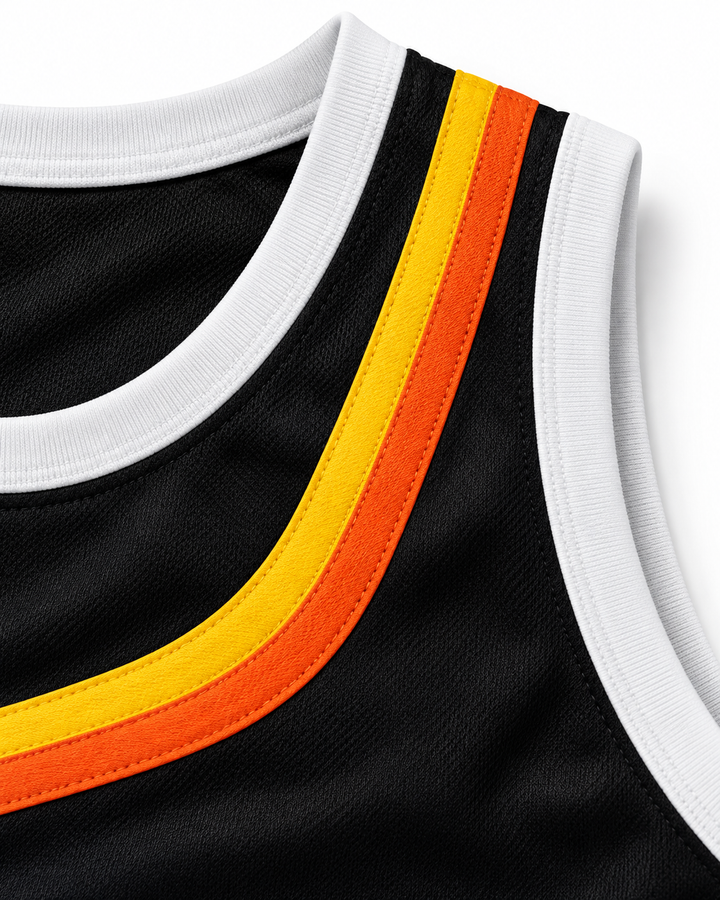 Neckline and fabric detail product mockup of Vince Carter 15 Roswell Rayguns Black Basketball Jersey.