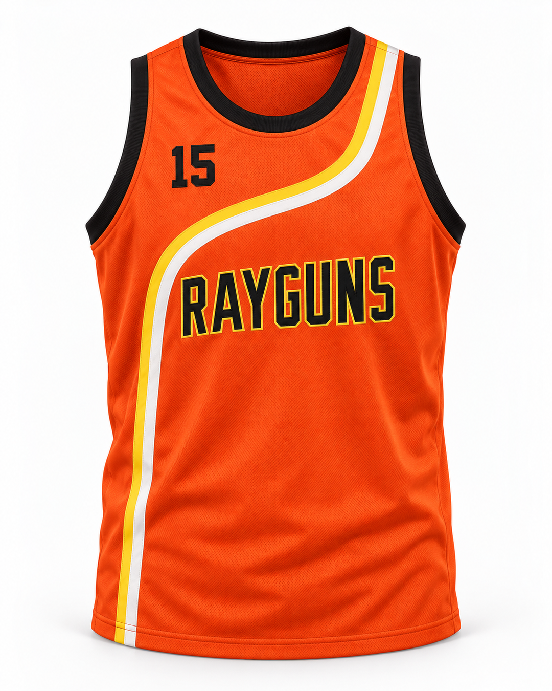 Front product mockup of Vince Carter 15 Roswell Rayguns Orange Basketball Jersey.