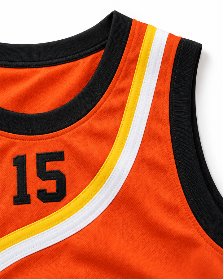 Neckline and fabric detail product mockup of Vince Carter 15 Roswell Rayguns Orange Basketball Jersey.