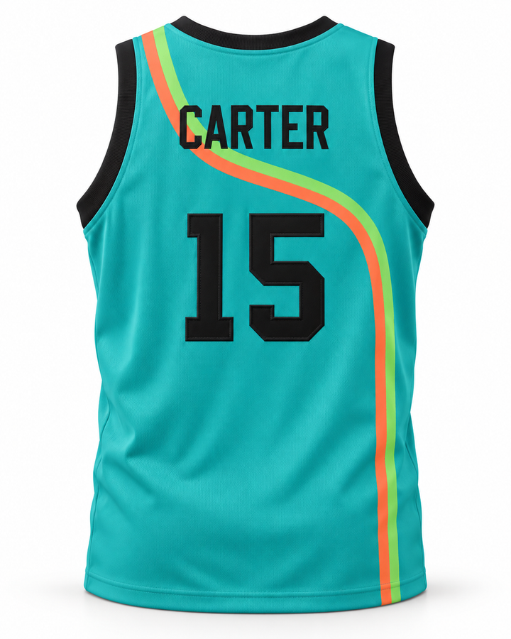 Back product mockup of Vince Carter 15 Roswell Rayguns Teal Basketball Jersey.