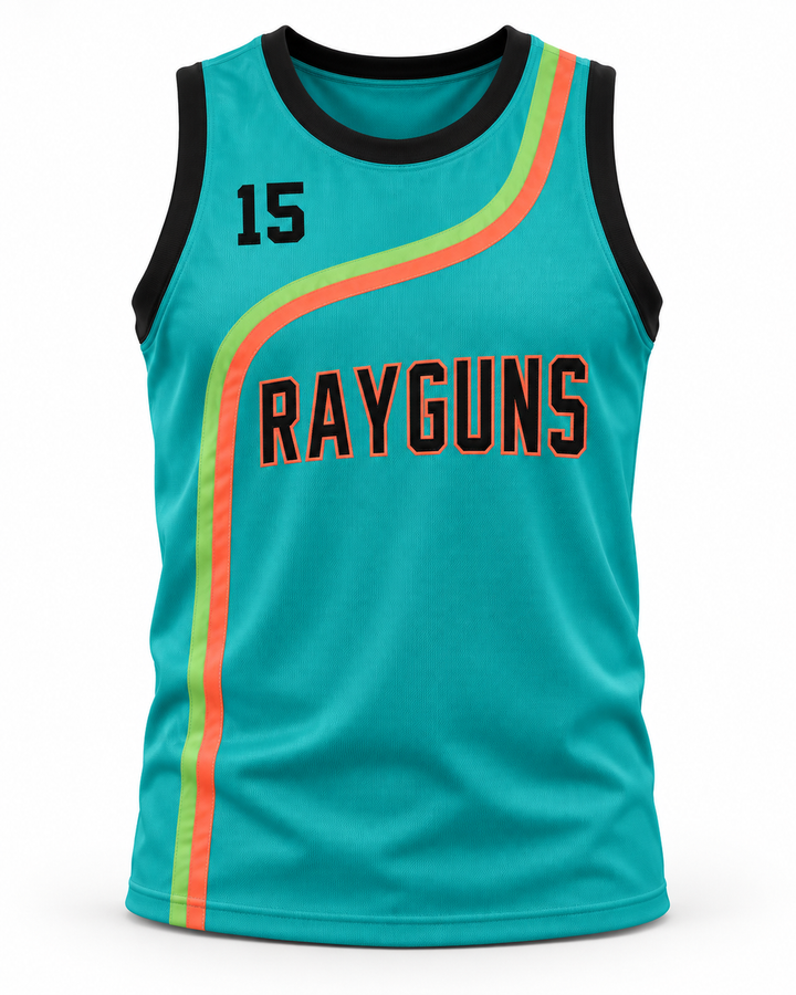 Front product mockup of Vince Carter 15 Roswell Rayguns Teal Basketball Jersey.