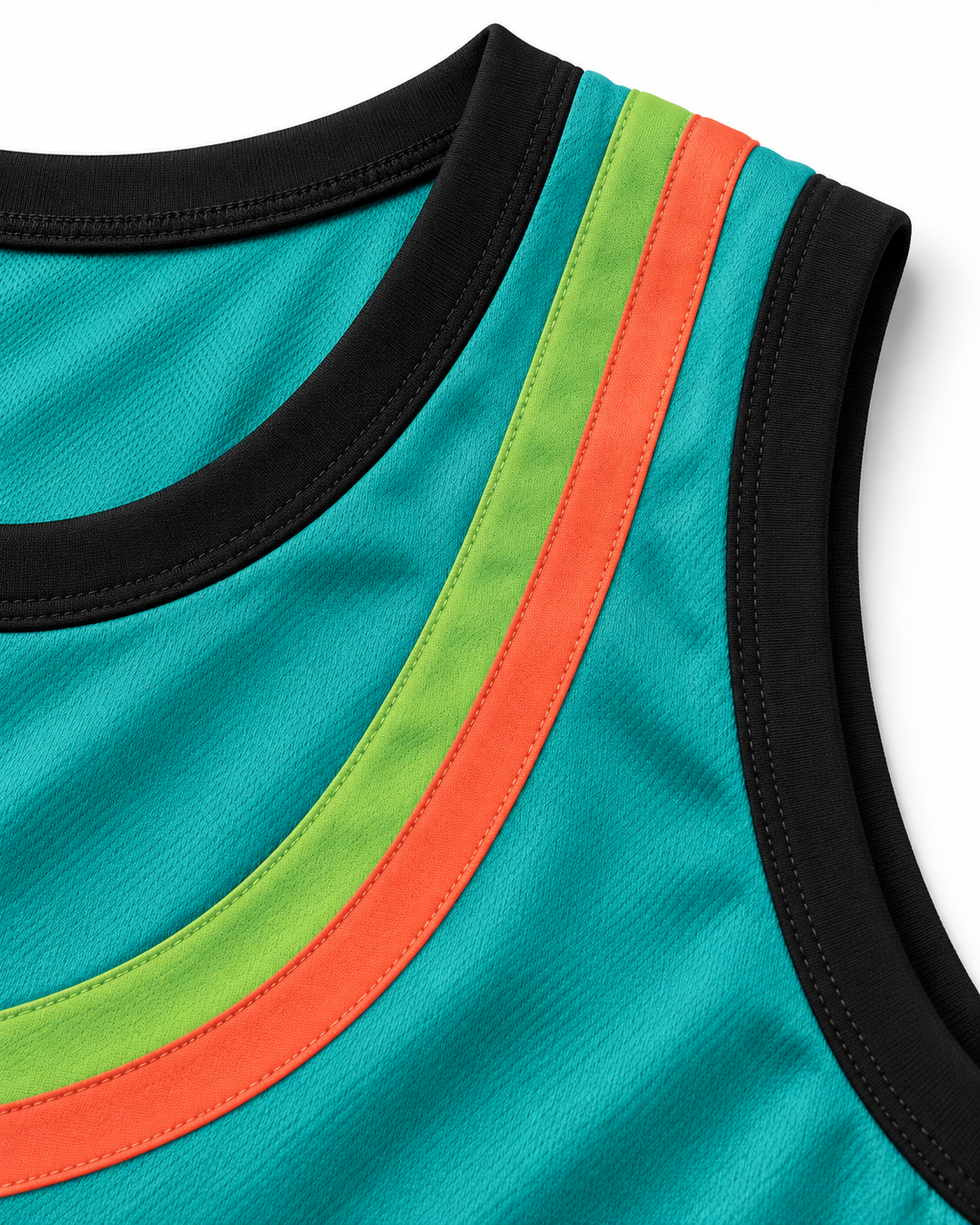 Neckline and fabric detail product mockup of Vince Carter 15 Roswell Rayguns Teal Basketball Jersey.