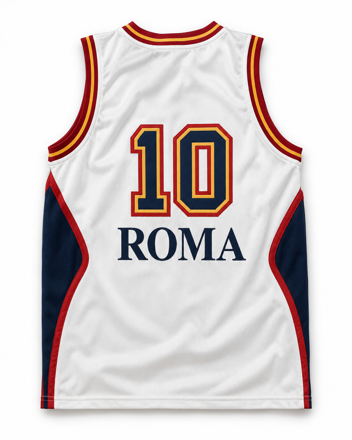 Back product mockup of Virtus Roma 10 White Basketball Jersey.