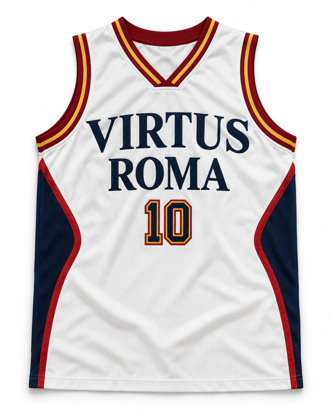 Front product mockup of Virtus Roma 10 White Basketball Jersey.