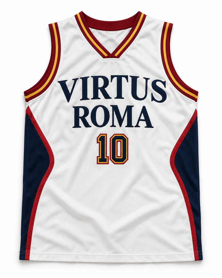 Front product mockup of Virtus Roma 10 White Basketball Jersey.