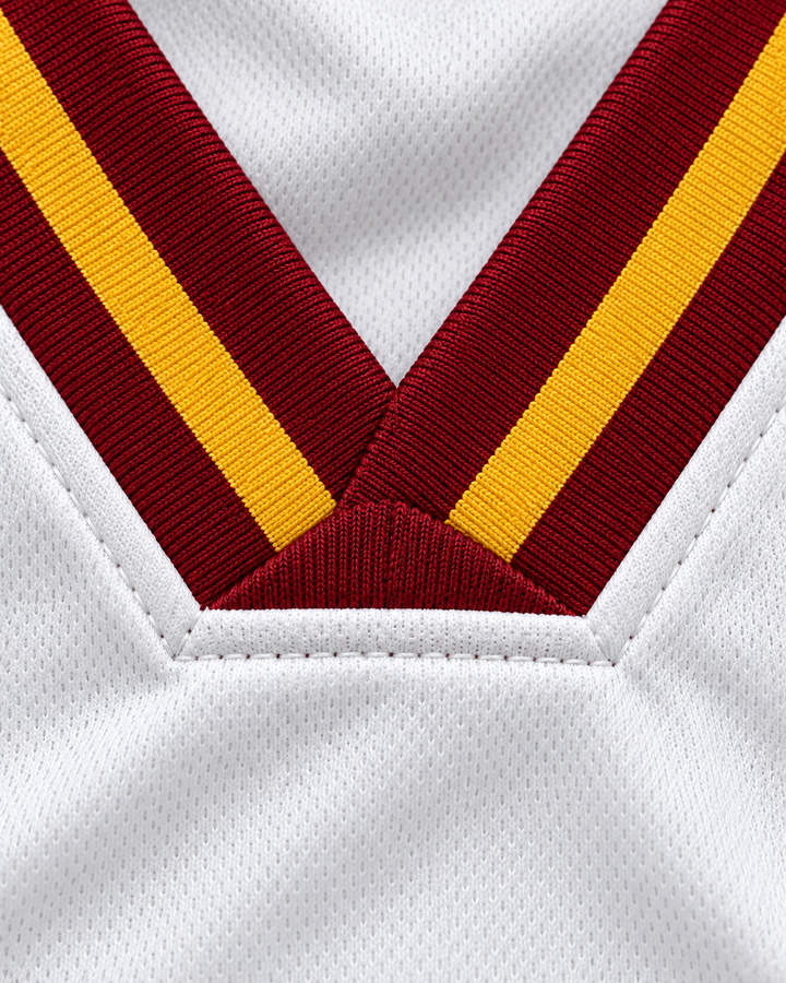 Neckline and fabric detail product mockup of Virtus Roma 10 White Basketball Jersey.