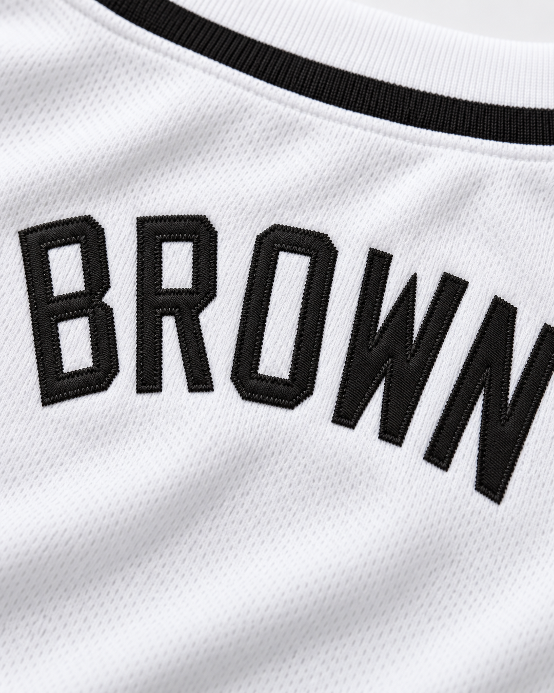 Embroidery detail product mockup of VJ Downtown Julie Brown Salamanders Rock N' Jock 1990 Baseball Jersey.