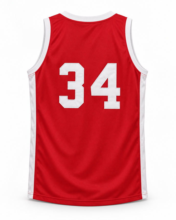 Back product mockup of Voise Winters 34 Push Excel 1985 Red Basketball Jersey.