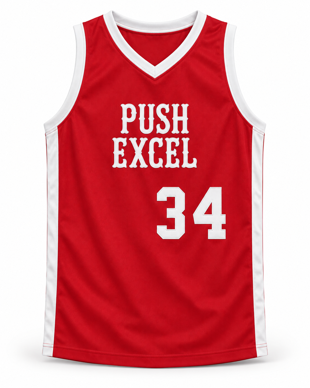 Front product mockup of Voise Winters 34 Push Excel 1985 Red Basketball Jersey.