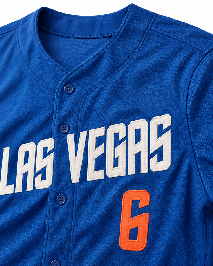 Neckline and fabric detail product mockup of Wally Backman 6 51s Blue Baseball Jersey.