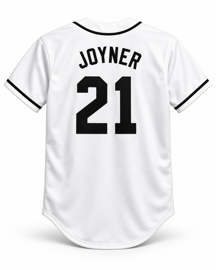 Back product mockup of Wally Joyner 21 Salamanders Rock N' Jock Baseball Jersey.