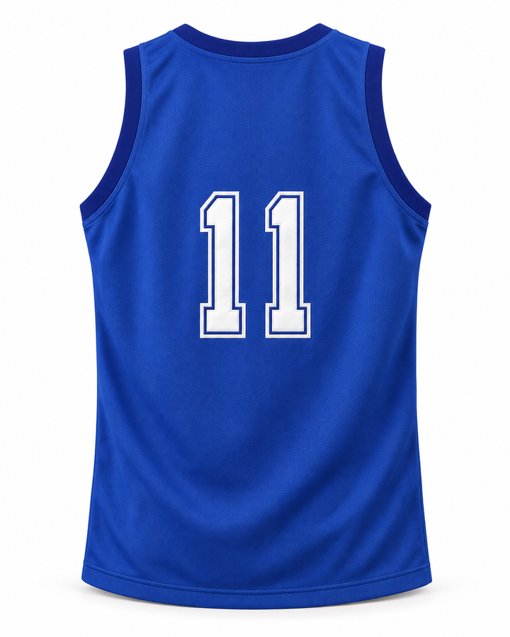 Back product mockup of Walter 11 Clean Sweep Blue Slam Dunk Ernest Basketball Jersey.