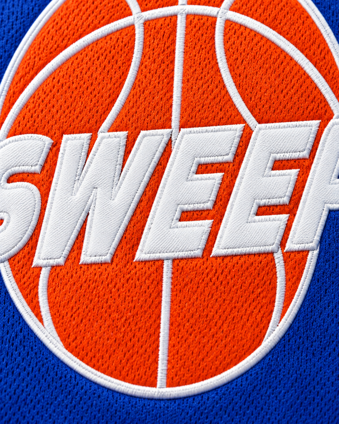 Embroidery detail product mockup of Walter 11 Clean Sweep Blue Slam Dunk Ernest Basketball Jersey.