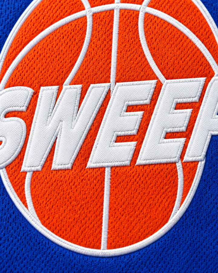 Embroidery detail product mockup of Walter 11 Clean Sweep Blue Slam Dunk Ernest Basketball Jersey.