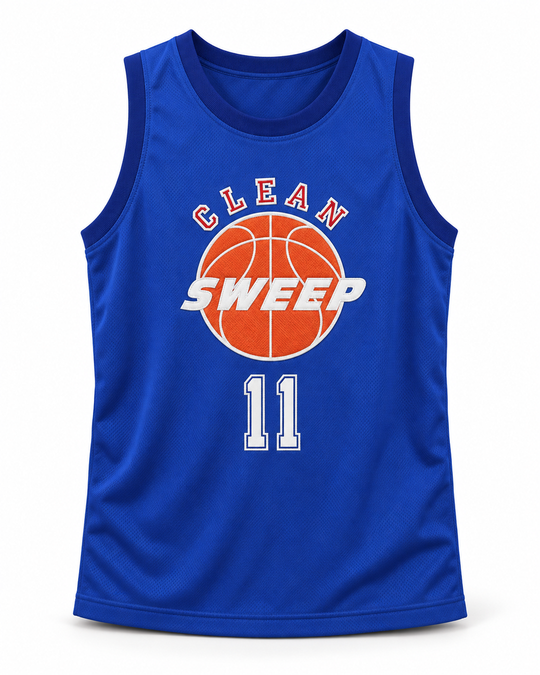 Front product mockup of Walter 11 Clean Sweep Blue Slam Dunk Ernest Basketball Jersey.