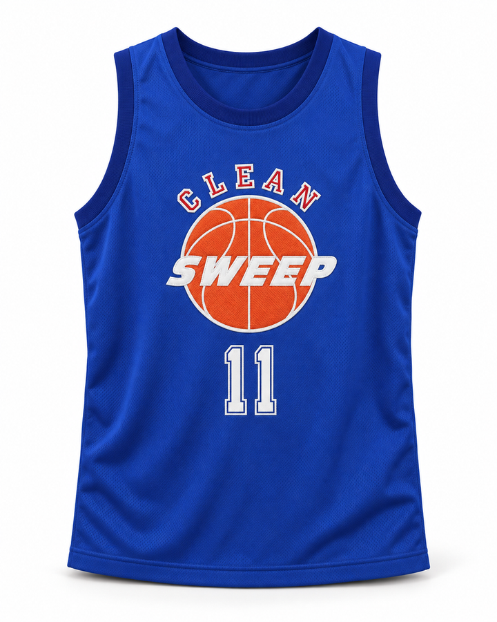 Front product mockup of Walter 11 Clean Sweep Blue Slam Dunk Ernest Basketball Jersey.