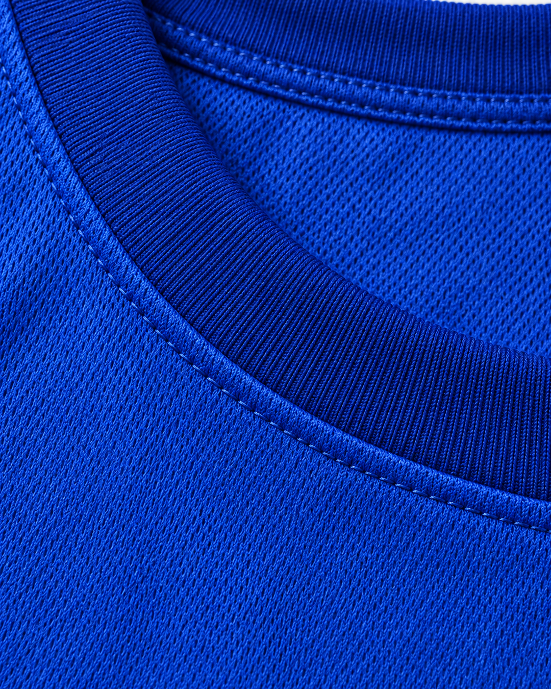 Neckline and fabric detail product mockup of Walter 11 Clean Sweep Blue Slam Dunk Ernest Basketball Jersey.