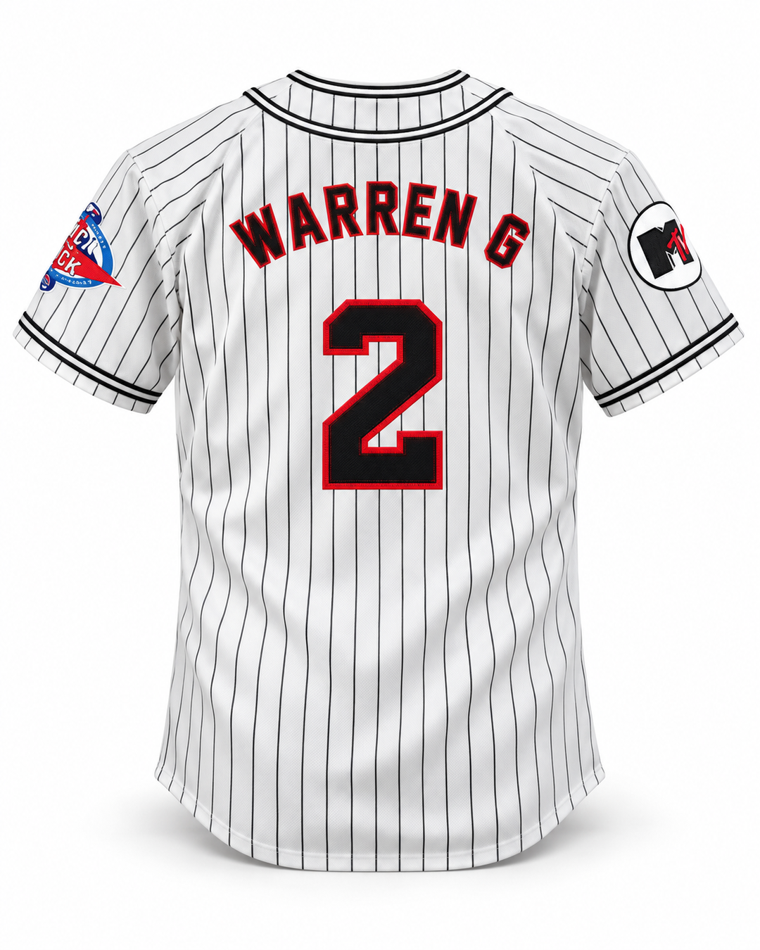 Back product mockup of Warren G 2 Homeboys Pinstriped Rock N' Jock 1995 Baseball Jersey.